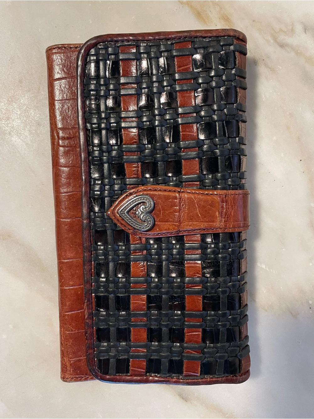 Brighton Vintage Leather Woven Black & Brown Wallet with Heart Accent